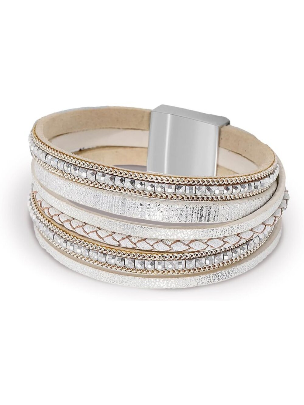 Women's White Boho Leopard Multi-layer Crystal Beads Cuff Leather Wrap Bracelets